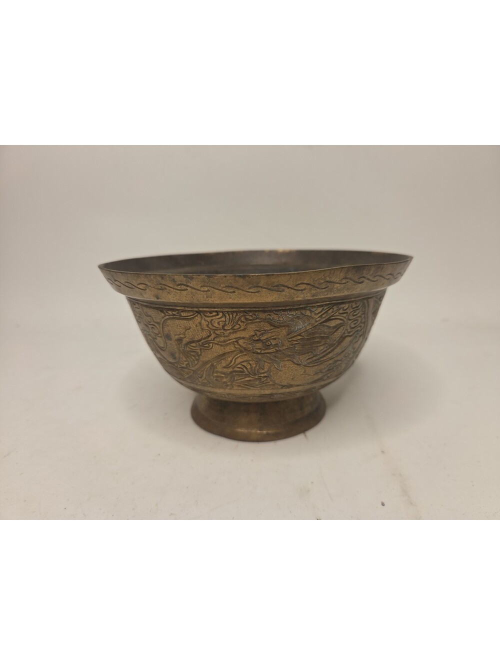 Vintage Chinese Hand Etched Brass Pedestal Bowl Dragon Phoenix 7.25"x4.5"